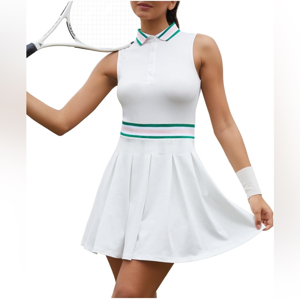 Sleeveless White Tennis Dress or Golf Dress with Green and Pink Accents